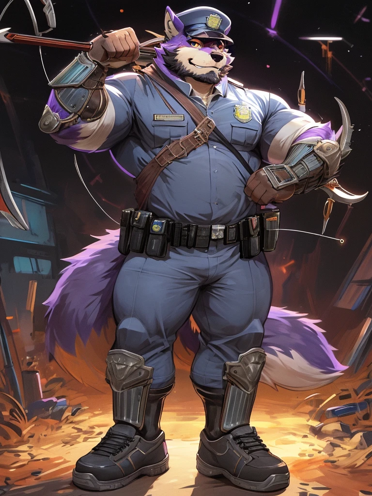 a drawing of a man in a uniform holding a hunting bow, detailed full body, (((archery armor, military hat, police man, black color outfit, military shoes, police cap))), beautiful full body, full uniform, an anthropomorphic fox, moustache, mature, daddy, furry character, anthropomorphic furry art, anthro concept art, commission for high res, fursona commission, fullbody commission for, purple fur fox, (((hunting bow))), (((purple fur))), muscular, bulking, tall, archer, beard, ((fox)), furry art, hold a ((scifi bow)), (muscular), (big body), (beard),