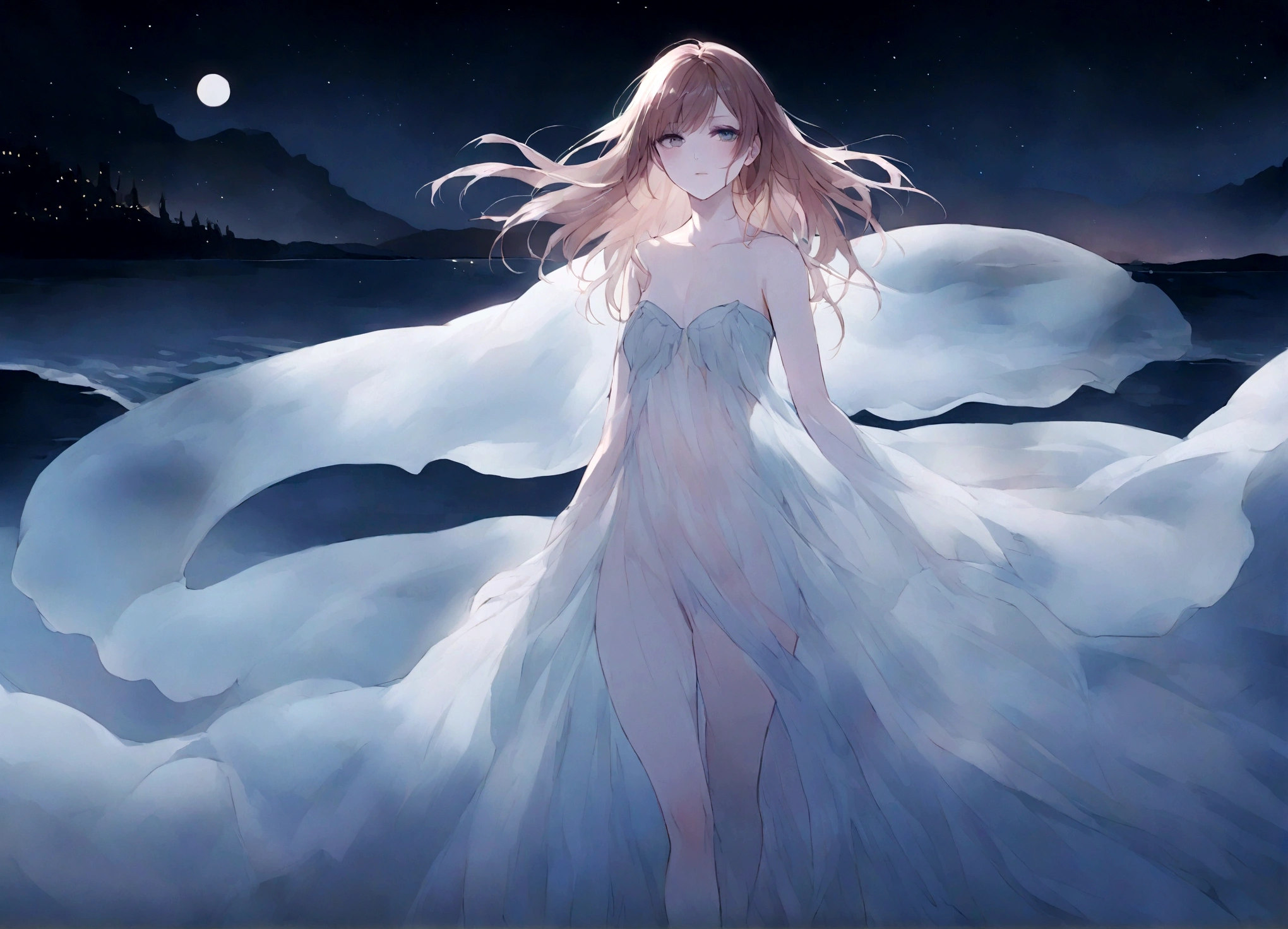 (Kate Mara (age 20) ethereal, ghostly, dressed in sheer near nude billowing fabrics) she is a haunting beauty walking just above the ground on a moonlit night, coast