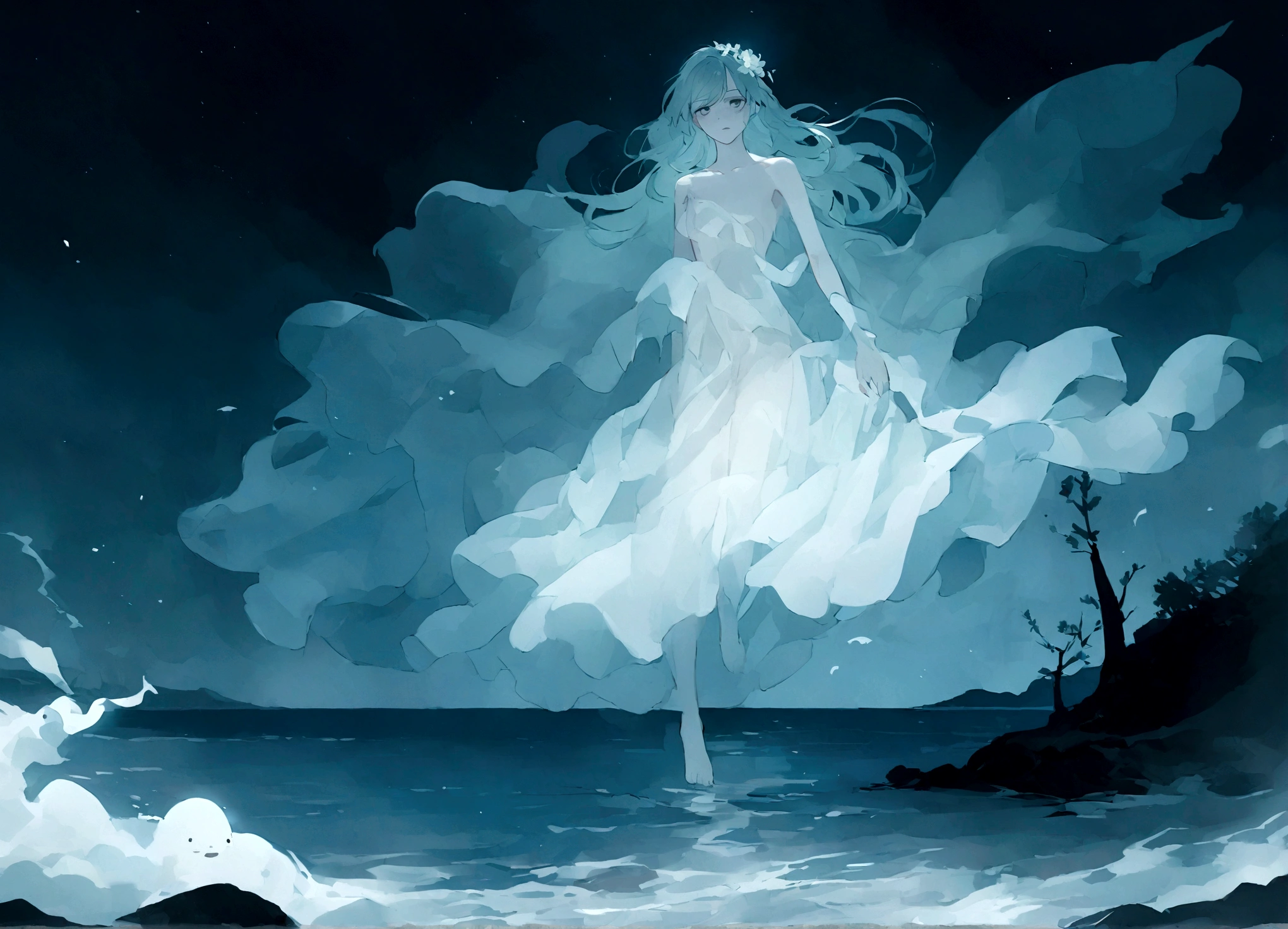 (Kate Mara (age 20) ethereal, ghostly, dressed in sheer near nude billowing fabrics) she is a haunting beauty walking just above the ground on a moonlit night, coast