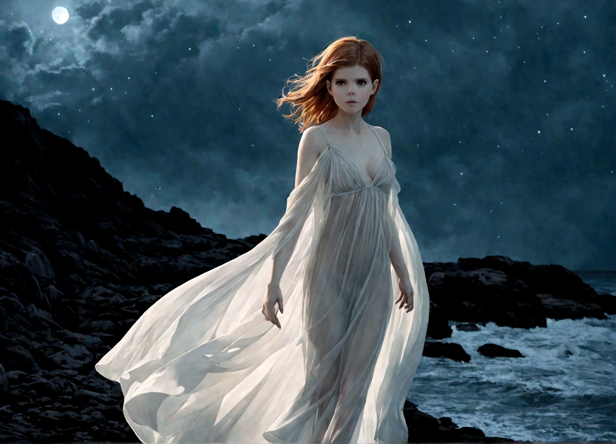 (Kate Mara (age 20) ethereal, ghostly, dressed in sheer near nude billowing fabrics) she is a haunting beauty walking just above the ground on a moonlit night, coast