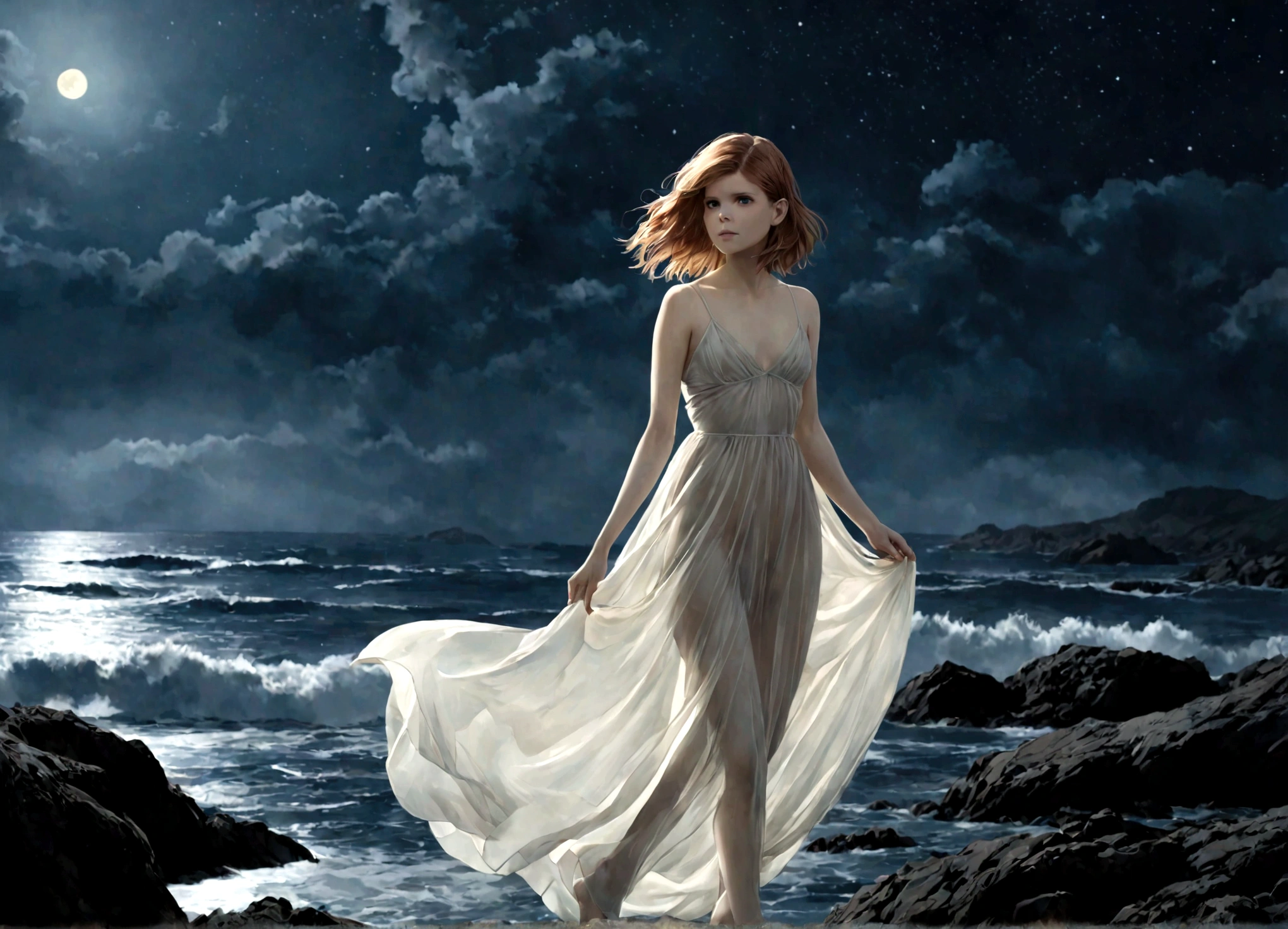(Kate Mara (age 20) ethereal, ghostly, dressed in sheer near nude billowing fabrics) she is a haunting beauty walking just above the ground on a moonlit night, coast