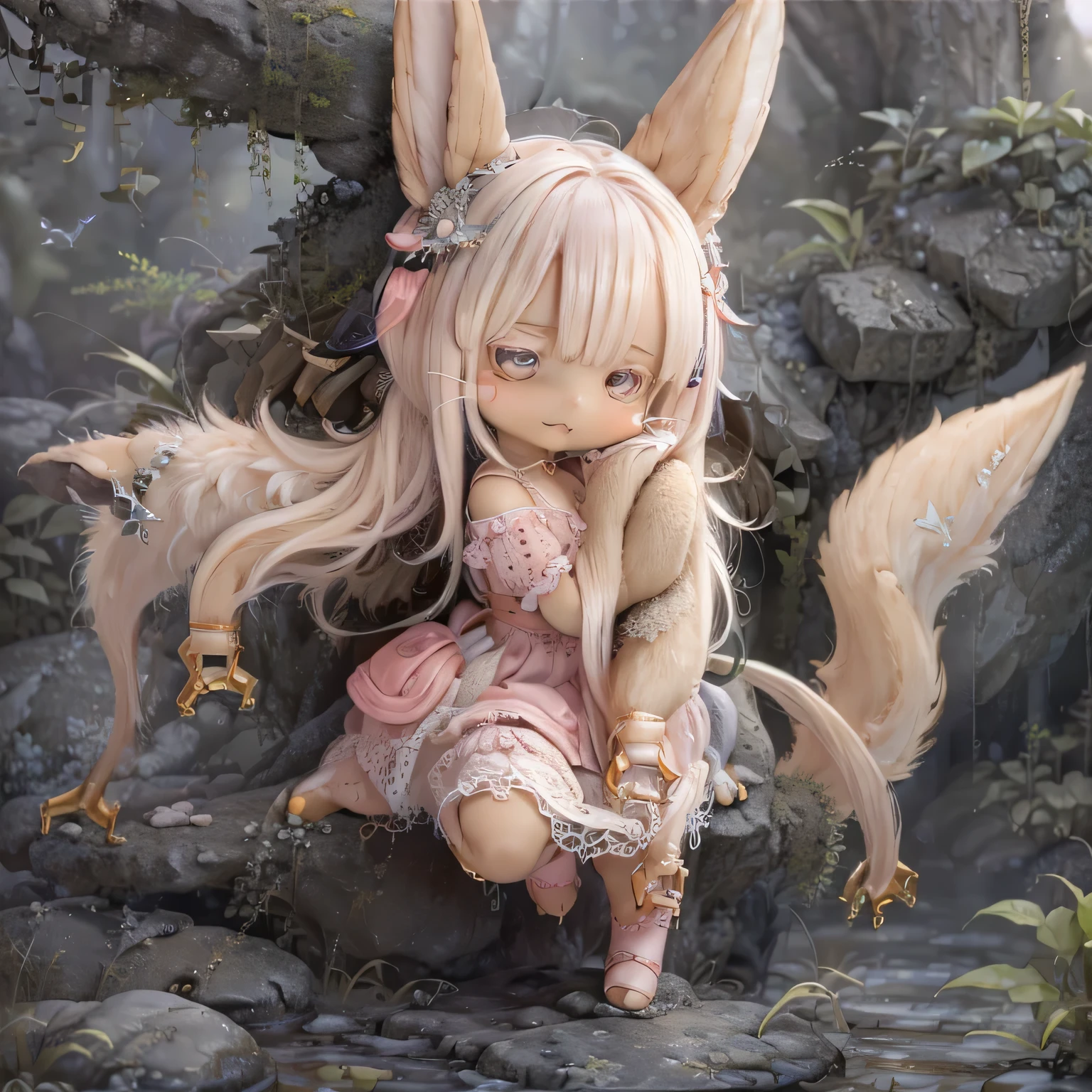 in the garden, Smiling girl, Similar to Nanachi from Made in Abyss. She is beautiful, Beautiful eyes and lips. girl (((Chibi Style,))) . The image quality is of the highest quality, Highly detailed and realistic features. The medium of this work is、Combining illustration and photorealistic rendering.. The colors are vivid、The lighting creates a warm and bright atmosphere。Casual Full Body(((((Cute pink dress)))))Contrasting