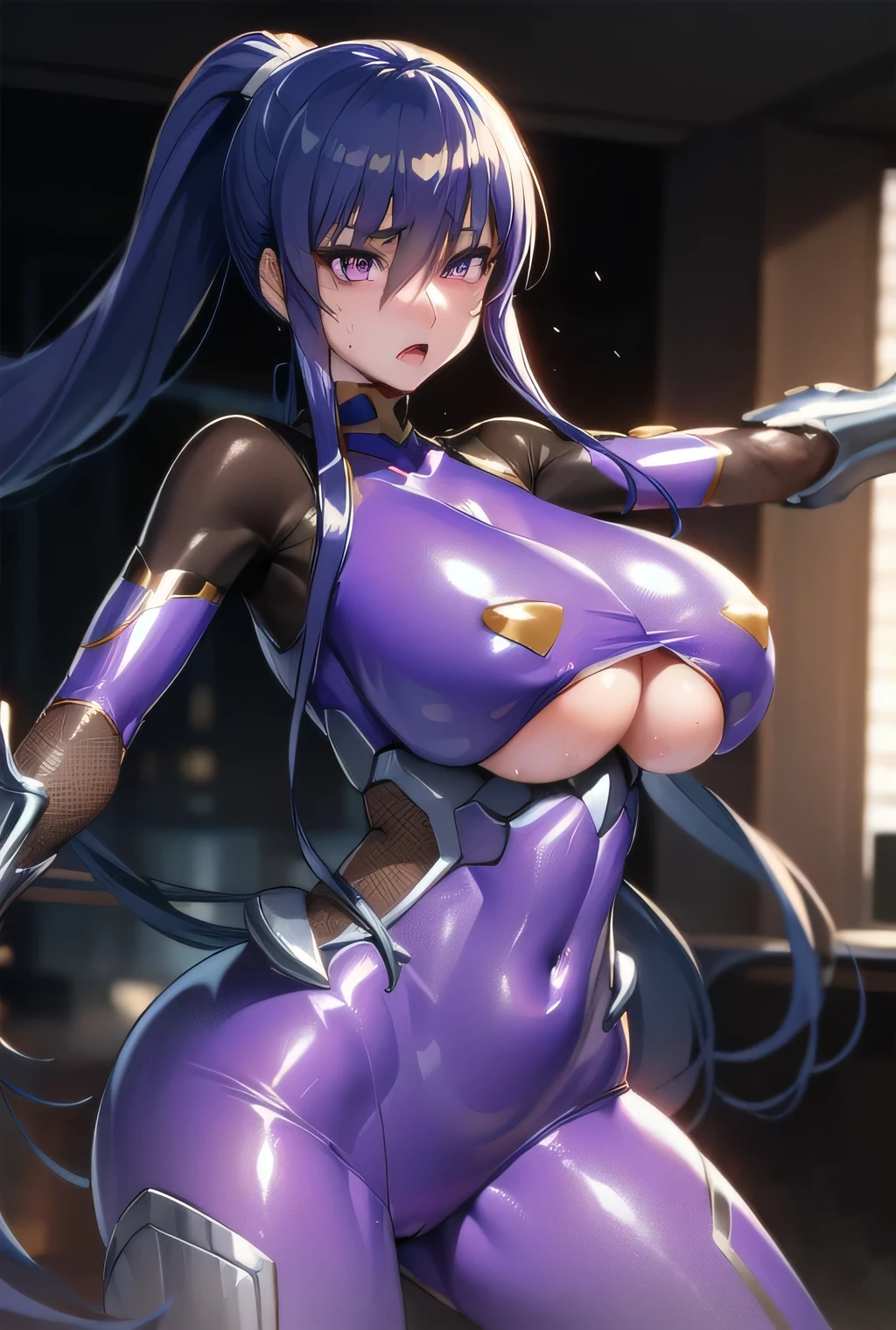 rinko, fighting, battle, ((damaged Taimanin suits)), very long hair, blue hair, hair between eyes, high ponytail, sidelocks, purple eyes, shiny clothes, impossible bodysuit, skin tight, purple bodysuit, fishnets, underboob cutout, areolae slip from rinko suit, arm guards, underboob, sweating, shiny, fighting, dynamic pose,