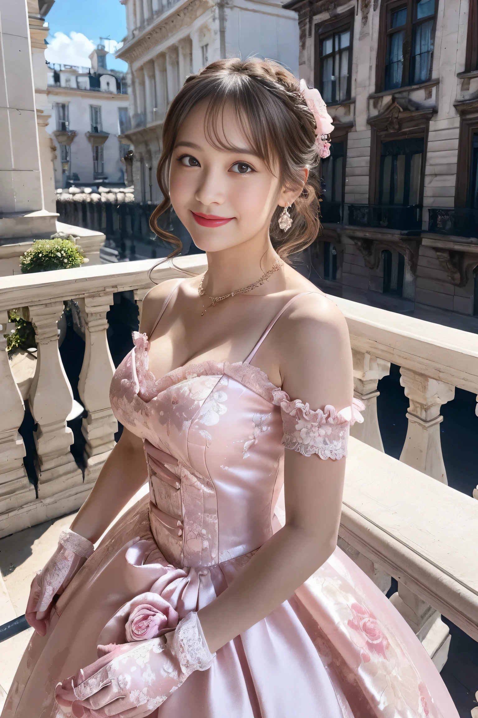 (Rococo architecture:1.2),(balcony), Dynamic angle,((1girl, pink Floral ball gown, highest resolution)), (beautiful illustration),(semi long beautiful hair),(looking at the viewer),innocent smile,cinematic lighting,white over-kneehighs,Lace chalker, wristband, diamond necklace,wristband, white fingerless gloves, earrings,day,blue sky,Big Breasts,Red lipstick,