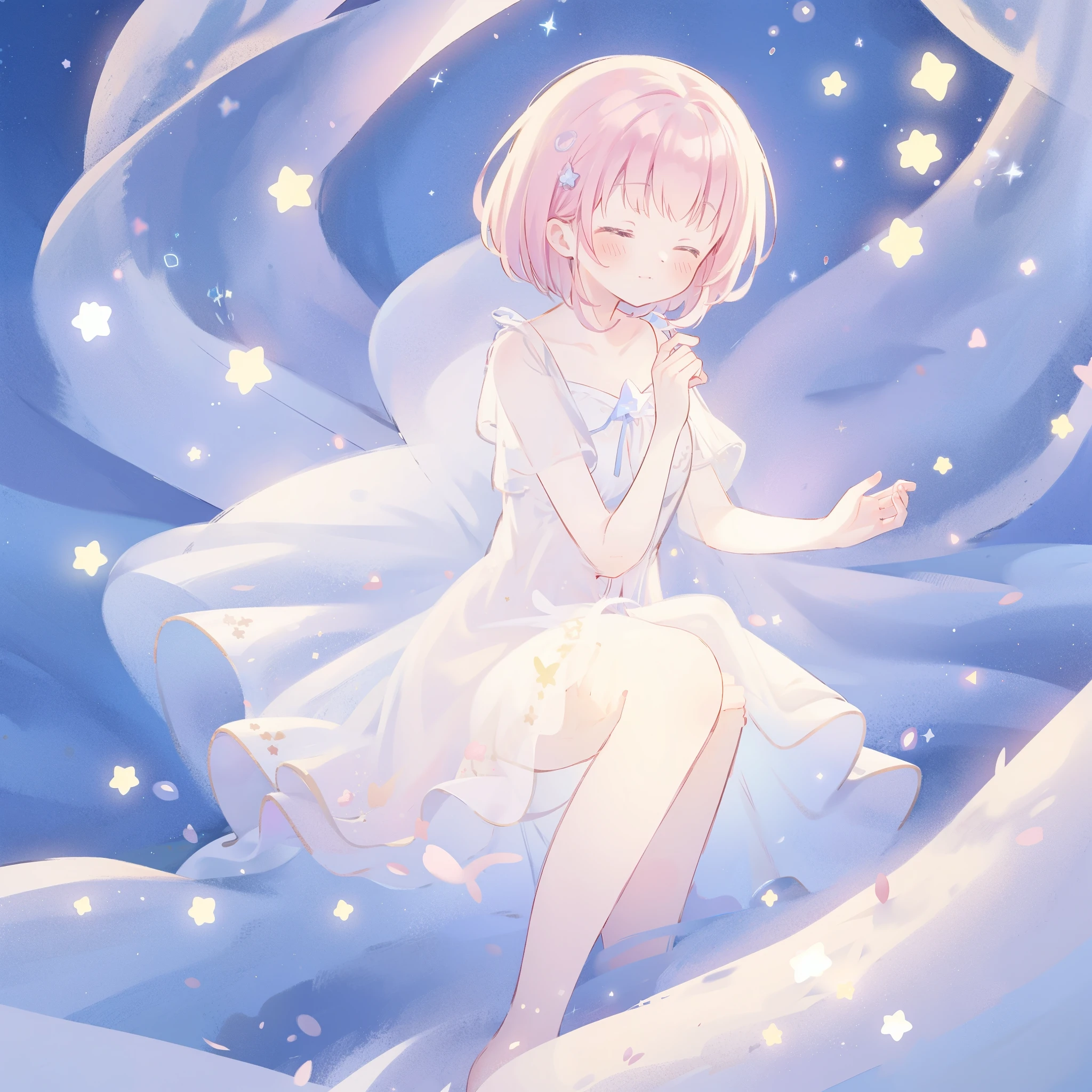 complex background, wishing star background, a woman wearing an ethereal mystical pink translucent dress that reflects the stars, dreamy, peaceful, serene composition, glowing stars, glowing, mystic, complex drawing, highly detailed, ethereal, starry night, midjourney style