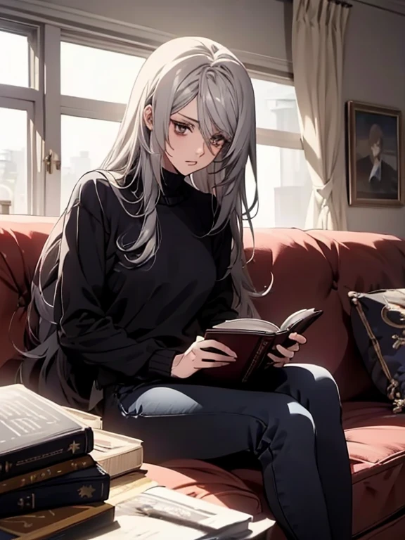 (Confused, High resolution, Very detailed), 1 female, Silver Hair,Long Hair,Reddish brown eyes,blouse,Jacket,Black skinny pants,24th generation,beauty,mature,thin,quiet,Calm,talk,sofa,Mug