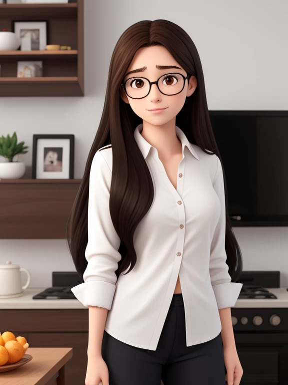 A 28-year-old woman, long black hair, Round Face, Smile, and black eyes, wear glasses.Wearing a white shirt，at home。