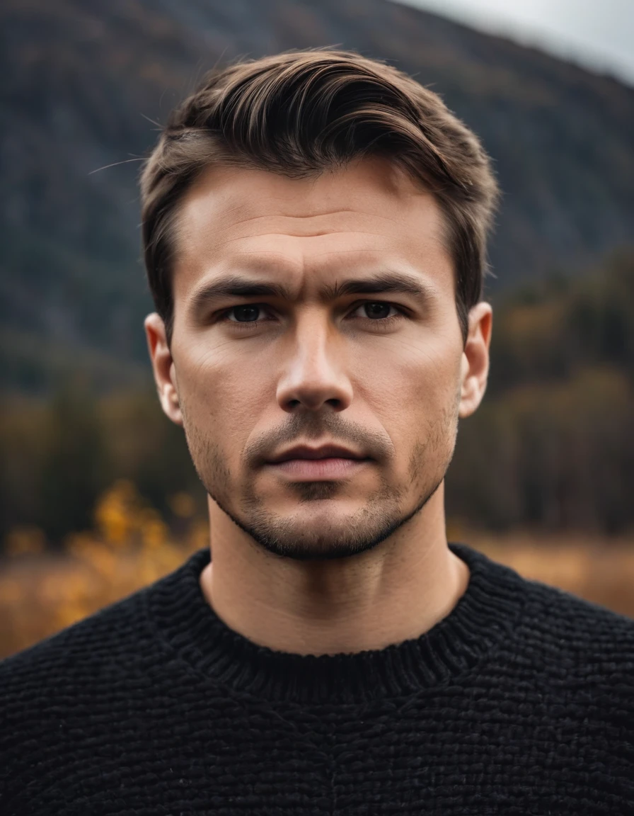 professional photo, closeup portrait photo of caucasian man, wearing a black sweater, serious face, dramatic lighting, nature, gloomy, cloudy weather, bokeh