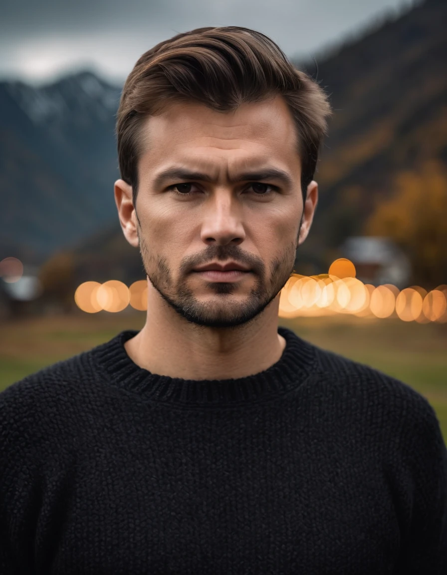 professional photo, closeup portrait photo of caucasian man, wearing a black sweater, serious face, dramatic lighting, nature, gloomy, cloudy weather, bokeh