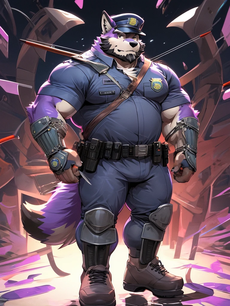 a drawing of a man in a uniform holding a hunting bow, detailed full body, (((archery armor, military hat, police man, black color outfit, military shoes, police cap))), beautiful full body, full uniform, an anthropomorphic fox, moustache, mature, daddy, furry character, anthropomorphic furry art, anthro concept art, commission for high res, fursona commission, fullbody commission for, purple fur fox, (((hunting bow))), (((purple fur))), muscular, bulking, tall, archer, beard, ((fox)), furry art, hold a ((scifi bow)), (muscular), (big body), (beard),