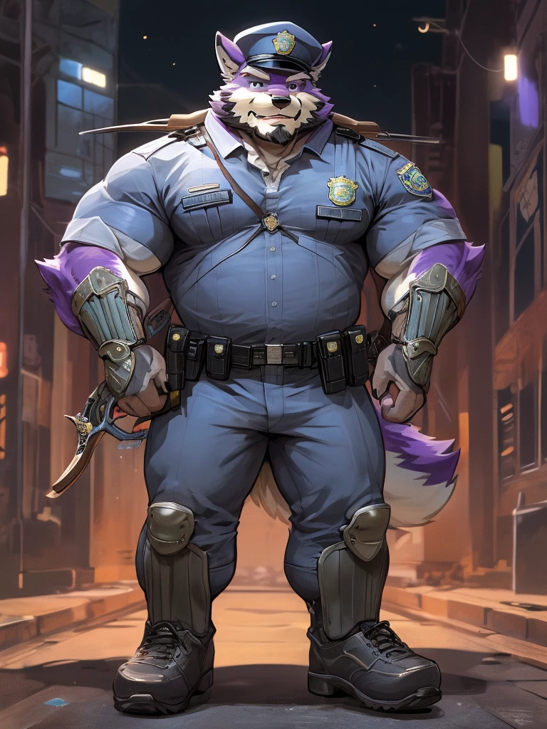 a drawing of a man in a uniform holding a hunting bow, detailed full body, (((archery armor, military hat, police man, black color outfit, military shoes, police cap))), beautiful full body, full uniform, an anthropomorphic fox, moustache, mature, daddy, furry character, anthropomorphic furry art, anthro concept art, commission for high res, fursona commission, fullbody commission for, purple fur fox, (((hunting bow))), (((purple fur))), muscular, bulking, tall,  archer, beard, ((fox)), furry art, hold a ((scifi bow)), (muscular), (big body), (beard),