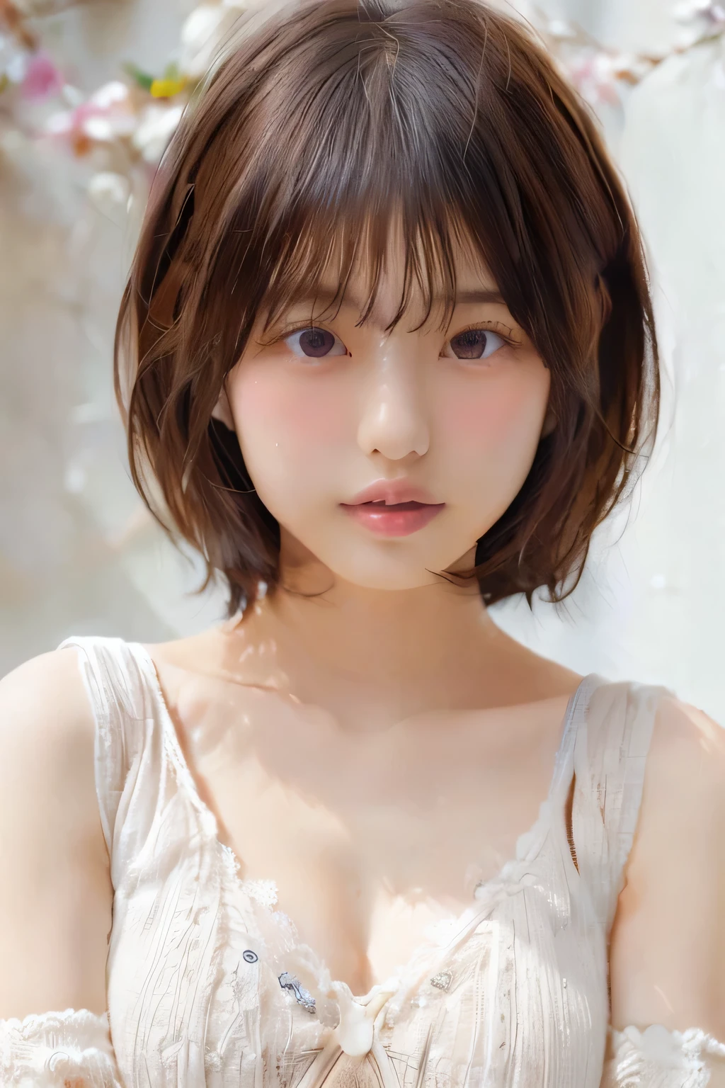 (Upper Body:1.7), Young Japanese Woman, 20th Generation, White Background, simple background, White brown hair, thin, 4K, In 8K, high quality, beauty, Beautiful and shining eyes, simple, High resolution,1 person,Beautiful Skins,Beautiful Skin,short hair、Wearing a white blouse,Shoulder、Winters,lipstick, Cleavage、Ultra high definition、Top Quality、