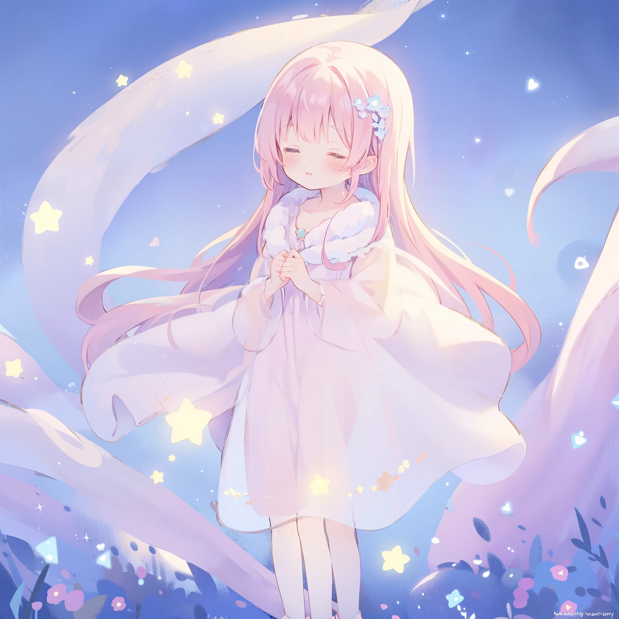 complex background, wishing star background, a woman wearing an ethereal mystical pink translucent dress that reflects the stars, dreamy, peaceful, serene composition, glowing stars, glowing, mystic, complex drawing, highly detailed, ethereal, starry night, midjourney style