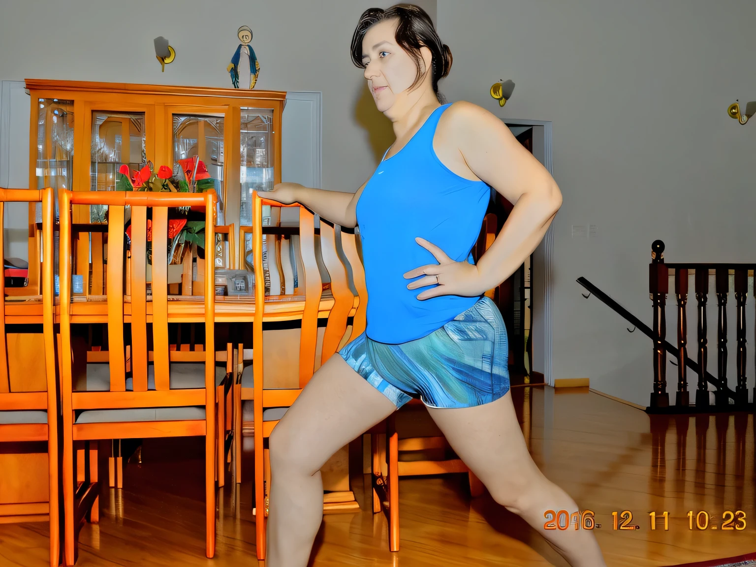 there is a woman standing in a room with a table and chairs, leg and hip shot, hip and leg shot, lunging at camera :4, in an action pose, side view of her taking steps, side pose, running pose, legs and arms, doing a sassy pose, waist reaching ponytail, thighs focus, dynamic moving pose, dynamic active running pose