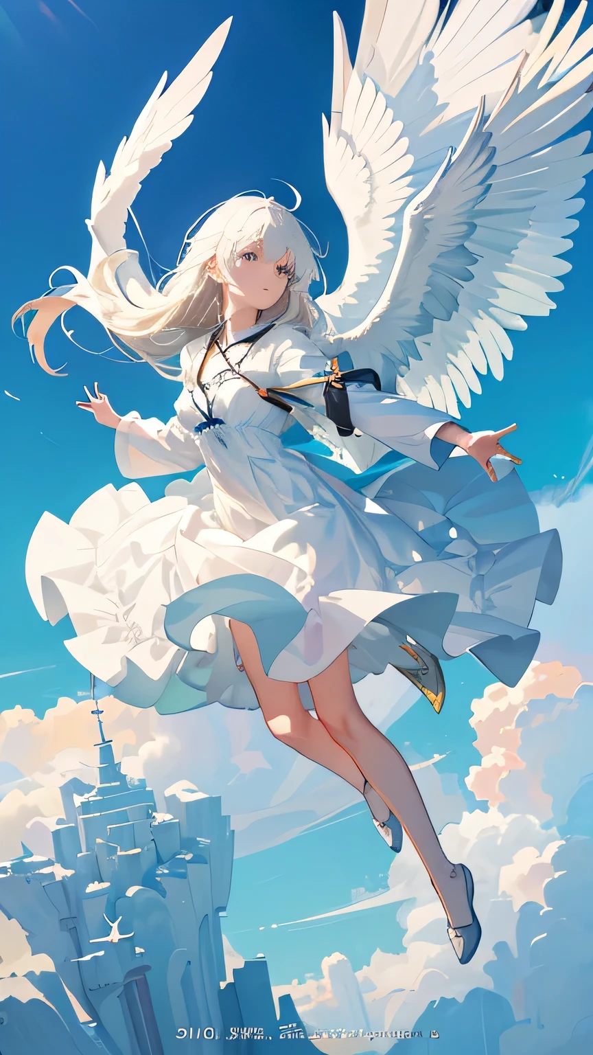 masterpiece,highest quality,Movie stills,One girl,Floating in the sky,Cloud Girl,cloud,(Cleavage close-up:1.1),Bright,Cheerfulness,Interesting,Gentle soft lighting,(Bauhaus,shape,Line art,Abstracted:1.1)masterpiece、Anime-style image of a woman in a white dress with wings, pixiv artstationのguweiz, of an beautiful Angel Girl, Majestic angel all over the body, Young One Angel, Angel Knight Girl, Angel Girl, Highly detailed official artwork, Digital art on pixiv,Look up greatly