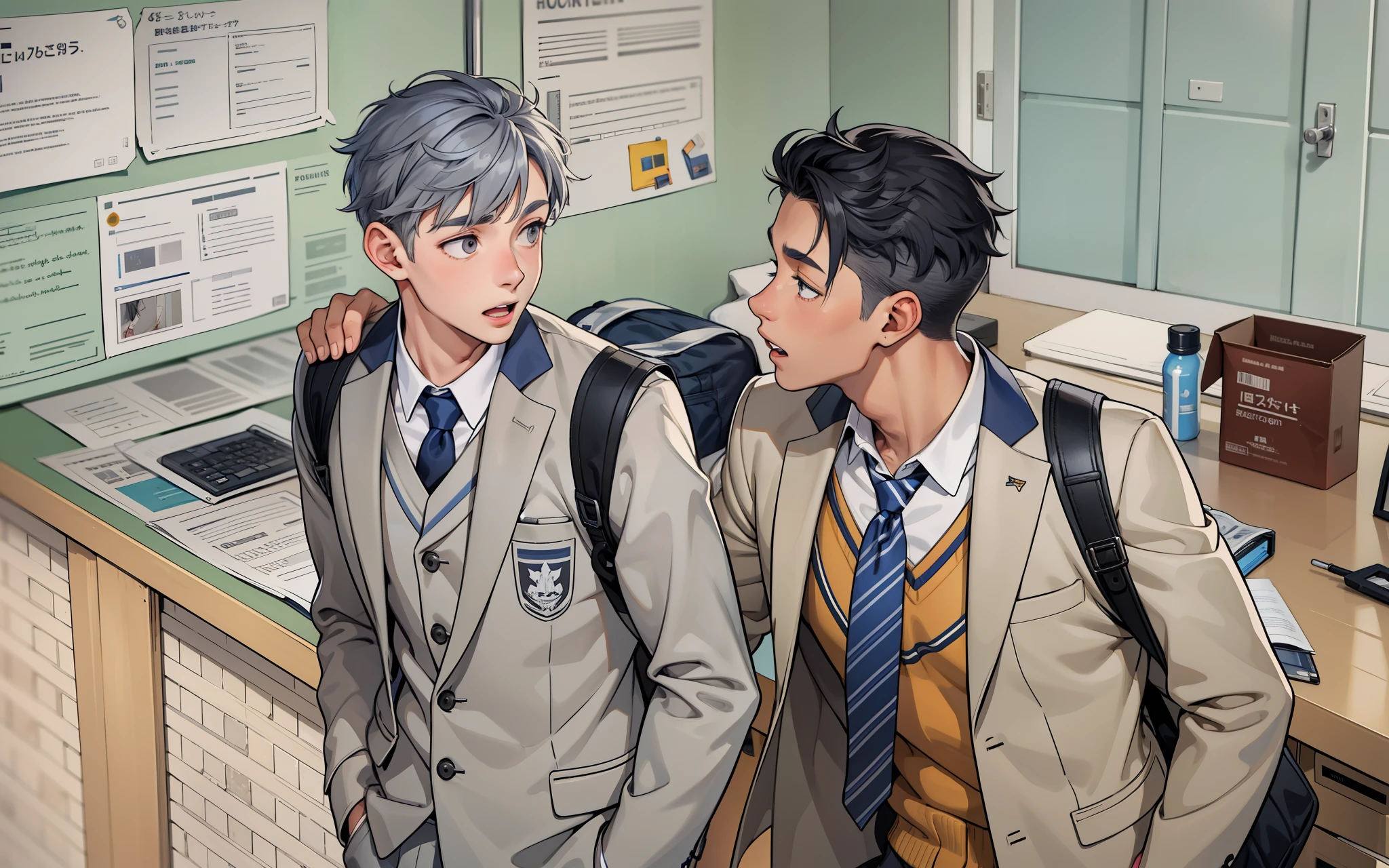 There are two boys with gray hair and gray eyes, they are surprised, they are at school, they are 18 years old.