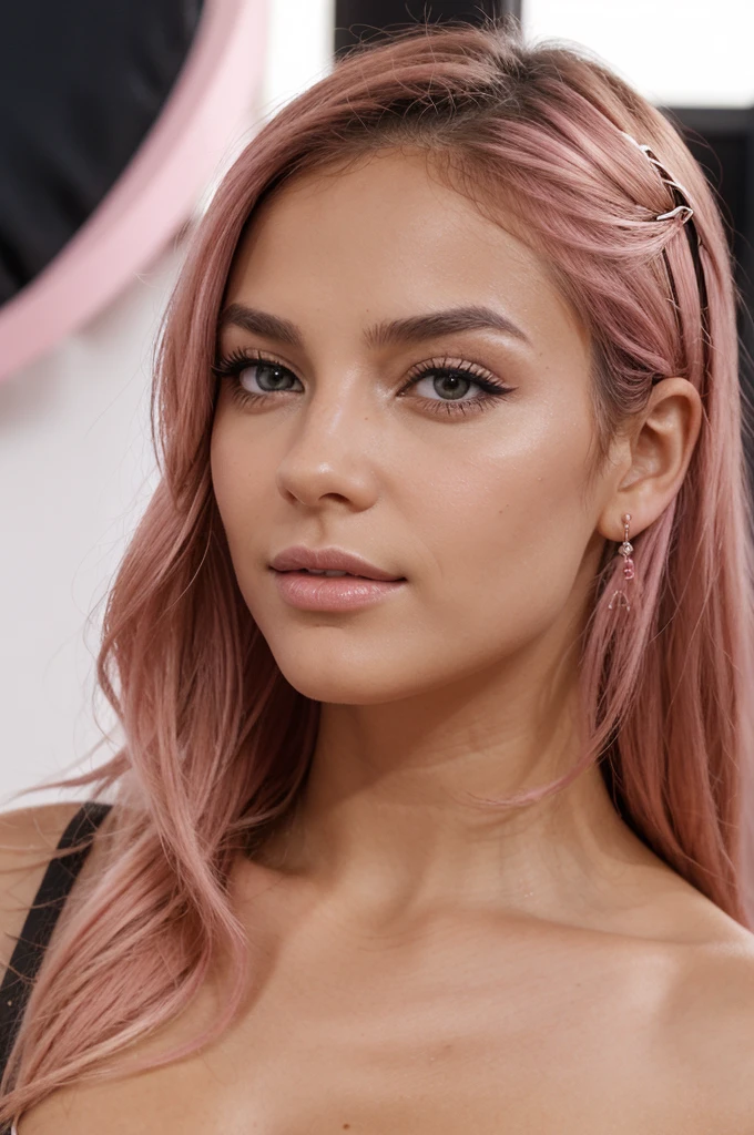 Generates realistic faces of a 19 year old Latina e-girl with pink hair. Elle a des cheveux roses vifs, mid length and a little wavy at the end, peut-être avec une frange ou des mèches encadrant son visage. Son visage est jeune et expressif,and eyes a little drawn, avec une peau type bronzage européen et un maquillage caractéristique des e-girls, incluant un eyeliner audacieux, pastel eyeshadows and a pronounced blush. She wears a plumping gloss that completes her look. Ses accessoires incluent des bijoux tendance, un septum nasal. L'arrière-plan peut être décoré avec des éléments typiques des e-girls, tels que des lumières LED ou des posters. La lumière douce et colorée ajoute une atmosphère vibrante et jeune à la scène. Chaque visage est d'une qualité photographique réaliste, capturing every detail precisely.