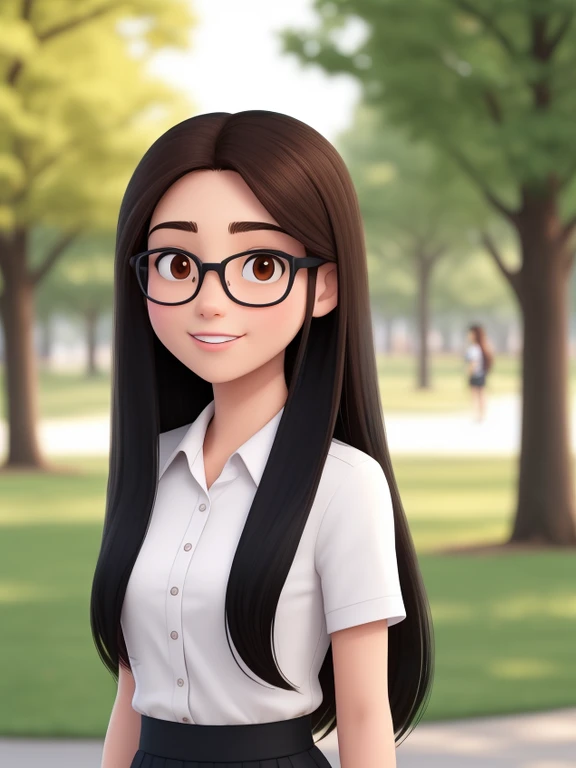 A 28-year-old woman, long black hair, Round Face, Smile, and black eyes, wear glasses.Wearing a white shirt,In the park。