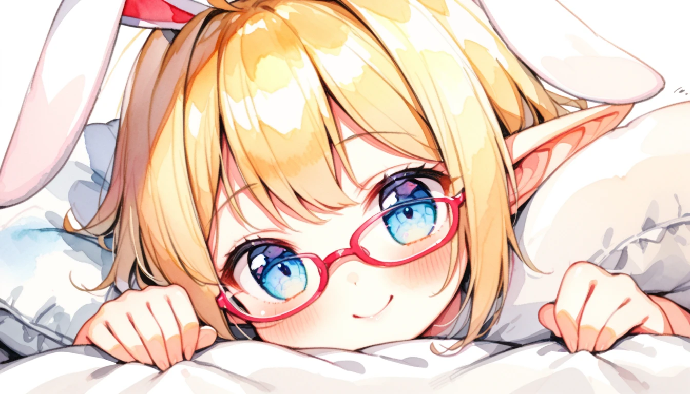 ((watercolor:1.4)), (), solo, (loli face),tite), glossy blonde hair, ahoge, happy smile, glasses, short hair, ((rabbit ears)), elf, blush, blue eyes, beautiful detailed eyes, lying on the bed, on stomach, ((buried in a pillow)), ((face focus)), ((big pillow)), ((from below)), (half eyes)