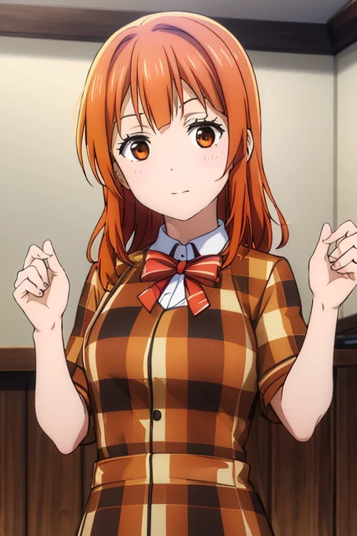 4 four girls, all in brown checkered uniforms, orange hair, Maria xiquinha with red hair, one brown and the other with black hair