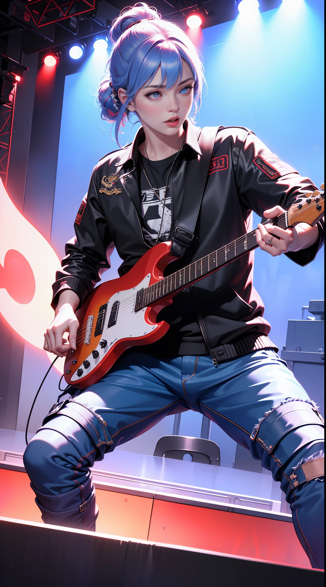 A guitarist rocking out on stage,rock music,power of music,stage lights,enthusiastic audience,heavy metal guitar,live performance,(best quality,4k,8k,highres,masterpiece:1.2),ultra-detailed,(realistic,photorealistic,photo-realistic:1.37),HDR,UHD,studio lighting,extreme detail description,professional,vivid colors