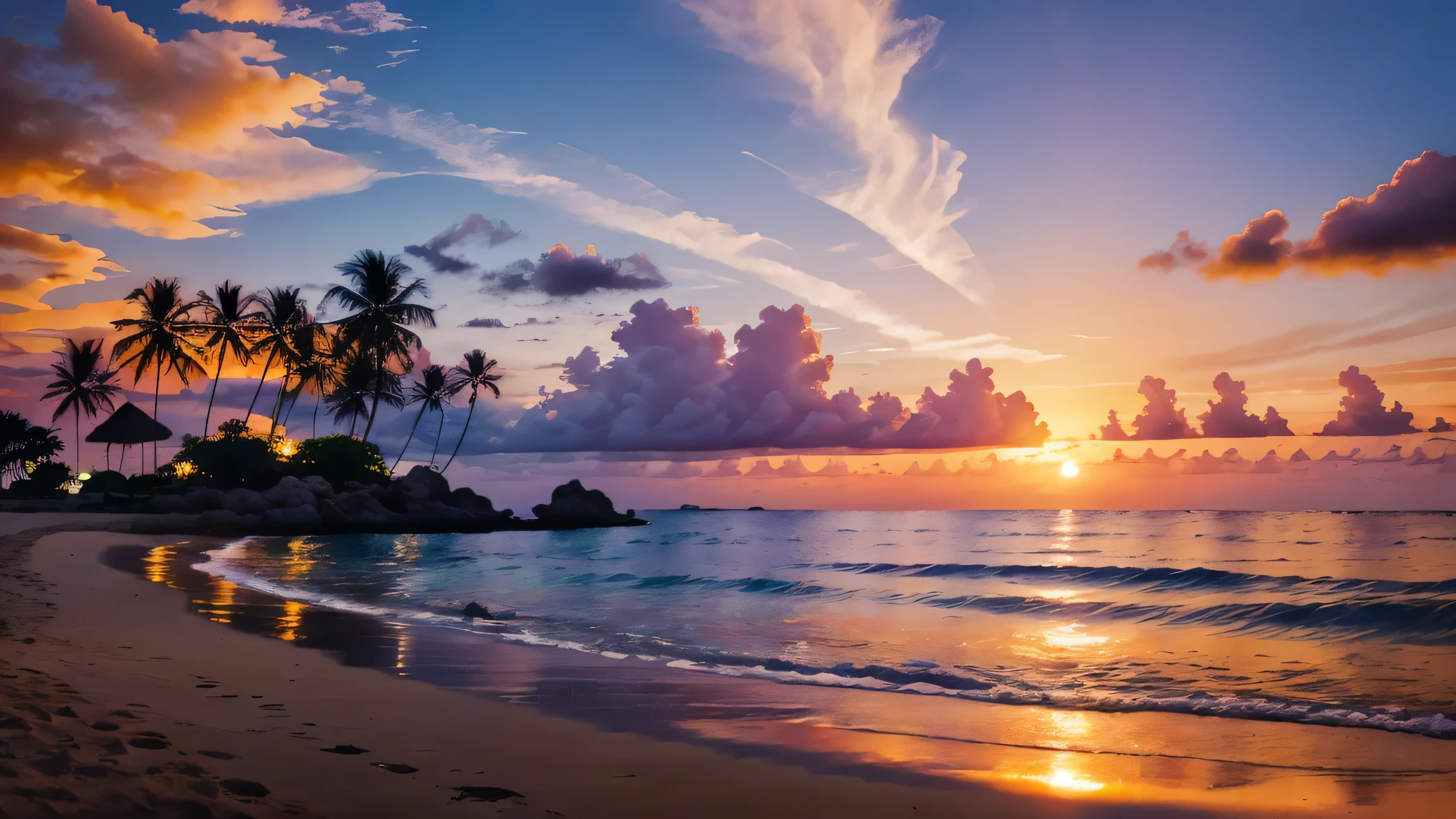 a strikingly vibrant sunset scene by the ocean. The sky is dominated by intense shades of pink and magenta, creating a surreal and dramatic backdrop. The sun, partially set, appears as a bright orange semicircle near the horizon, casting a warm glow across the scene. Silhouetted against this colorful sky are several tall, slender palm trees. These trees, with their long, narrow trunks and clustered fronds at the top, are positioned along a narrow strip of land that separates the ocean from a body of still water in the foreground.
The water in the foreground is perfectly calm, acting as a mirror that reflects the vivid colors of the sky and the dark silhouettes of the palm trees. This reflection creates a symmetrical and visually captivating effect, enhancing the sense of tranquility and beauty in the scene.
Overall, the image captures the essence of a tropical paradise at sunset, with the dramatic color palette and serene composition evoking a sense of calm and wonder.