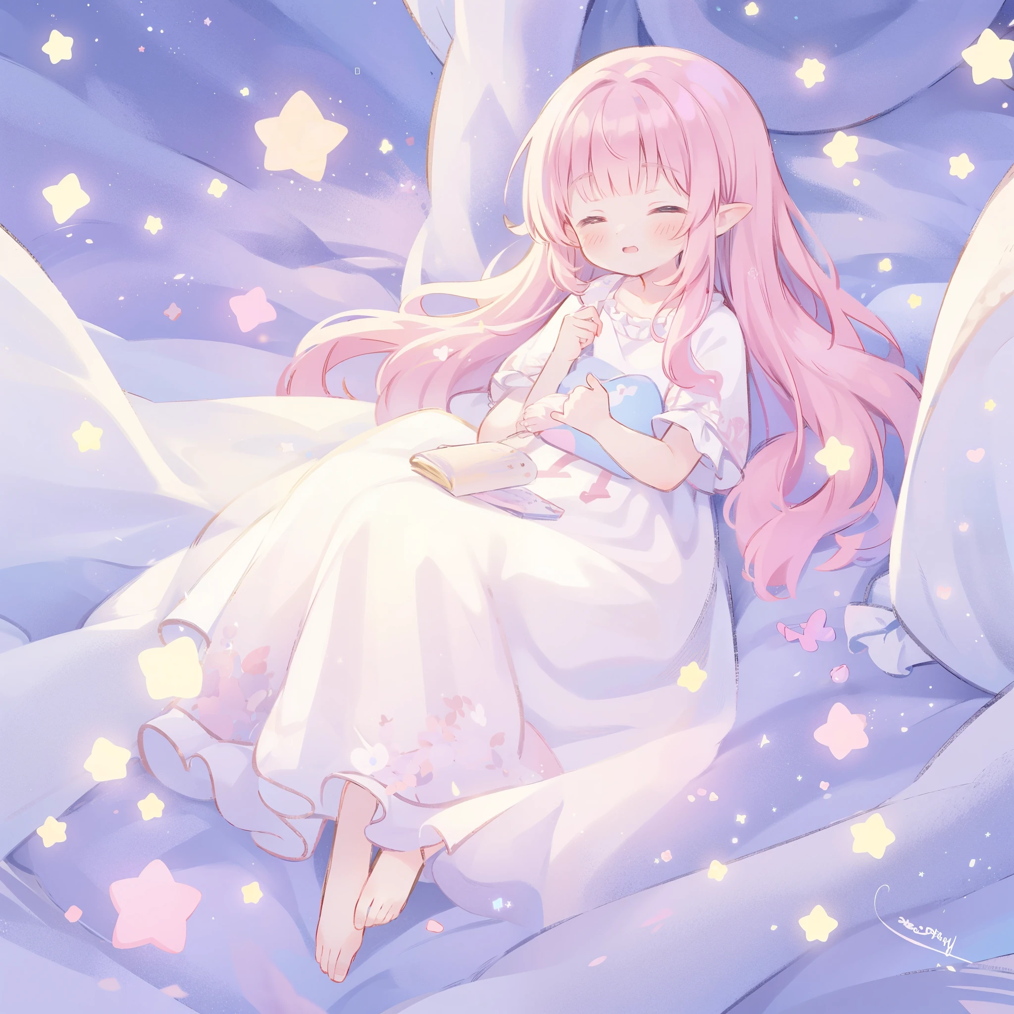complex background, wishing star background, a woman wearing an ethereal mystical pink translucent dress that reflects the stars, dreamy, peaceful, serene composition, glowing stars, glowing, mystic, complex drawing, highly detailed, ethereal, starry night, midjourney style