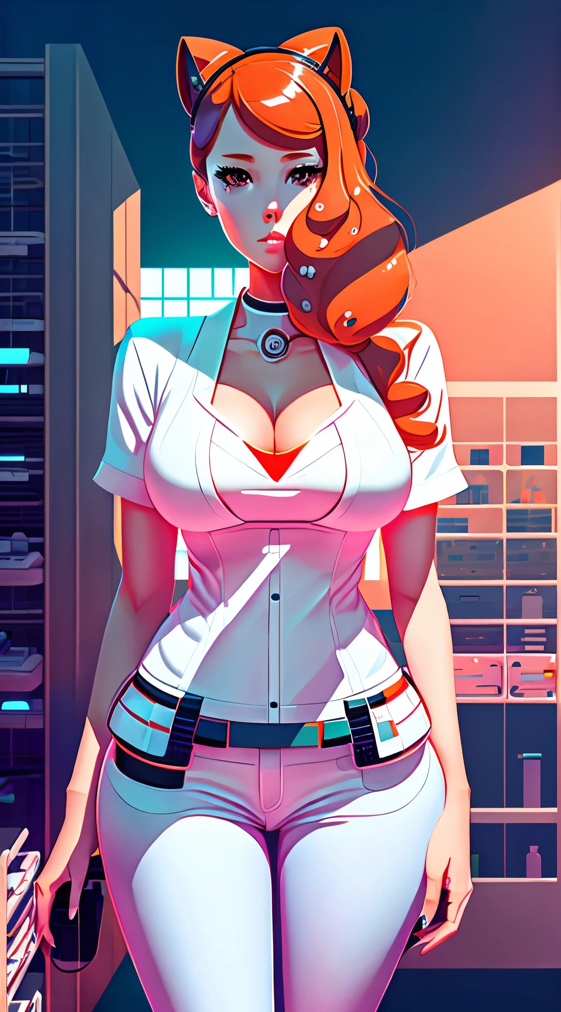 Sonia from pokemon, 1girl:1.5, long legs, sexy body, milf, tight jeans, lab coat, masterpiece,(white sci-fi labratory:1.5), masterpiece, high quality，best qualtiy，cinematic lighting，masterpiece，）, (cleavage:1), (big breast), depth of field, front view, full body, (highheels), designed by Gucci::3, tumblr, inspired by Yanjun Cheng style, digital art, meme lofi internet girl, trend in dezeen, catalog photo, 3 d render beeple, rhads and lois van baarle, cartoon style illustration, bright pastel colors, a beautiful art illustration, --ar 2:3 --q 2