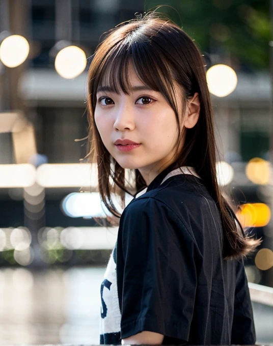 highest quality, Realistic, 8k, High resolution, girl, 1 female, (Skin dents), (Professional Lighting, Bokeh), (street), (people々, crowd: 0.6), Back view, city, Black Hair, Black T-shirt, (Portraiture: 0.6), nice, bloom, (Floating Hair), (Particles of light, Lens flare, Luminous Particles: 0.6), Soft lighting,