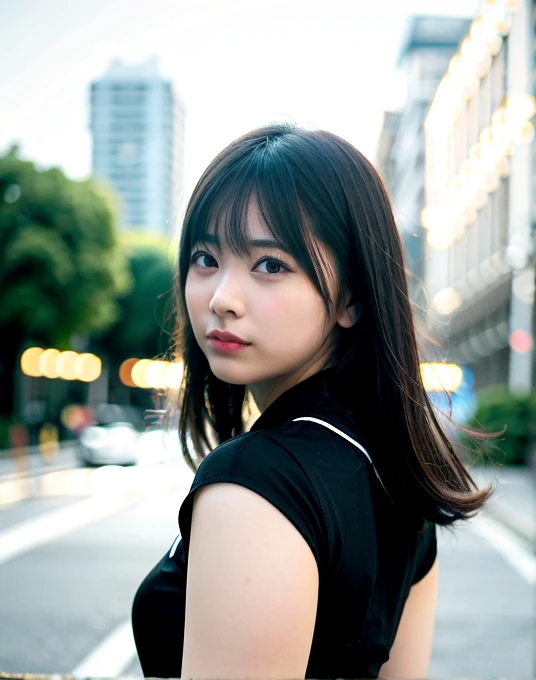 highest quality, Realistic, 8k, High resolution, girl, 1 female, (Skin dents), (Professional Lighting, Bokeh), (street), (people々, crowd: 0.6), Back view, city, Black Hair, Black T-shirt, (Portraiture: 0.6), nice, bloom, (Floating Hair), (Particles of light, Lens flare, Luminous Particles: 0.6), Soft lighting,