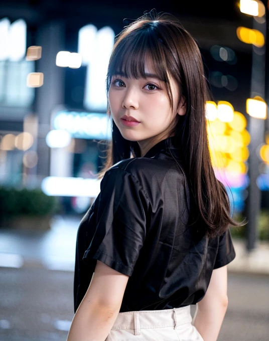 highest quality, Realistic, 8k, High resolution, girl, 1 female, (Skin dents), (Professional Lighting, Bokeh), (street), (people々, crowd: 0.6), Back view, city, Black Hair, Black T-shirt, (Portraiture: 0.6), nice, bloom, (Floating Hair), (Particles of light, Lens flare, Luminous Particles: 0.6), Soft lighting,