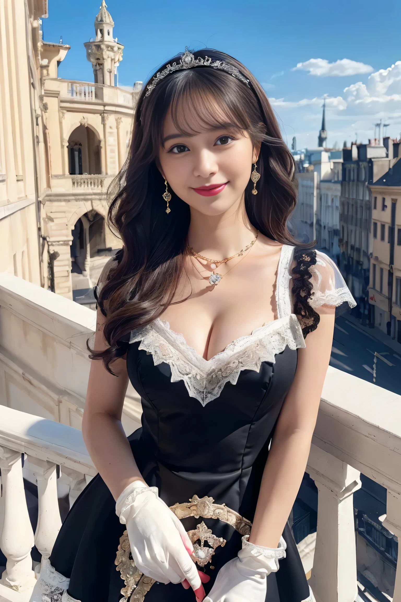(Rococo architecture:1.2),(balcony), Dynamic angle,((1girl, black Princess line dress, highest resolution)), (beautiful illustration),(semi long beautiful hair),(looking at the viewer),innocent smile,cinematic lighting,white over-kneehighs,Lace chalker, wristband, diamond necklace,wristband, white fingerless gloves, earrings,day,blue sky,Big Breasts,Red lipstick,
