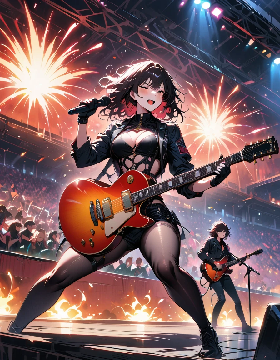 (Best quality,4K,8K,a high resolution,masterpiece:1.2),Super detailed,(valid,photovalid,photo-valid:1.37),Rockstar,a singer,guitar,revealing uniform, black skin,Gold accents,Spacewalk,hysterical singing,Stage lighting,rebellious,glitch art,bright colors,energetic performance,Electric Atmosphere,Loud music,screaming fans,Huge speakers,Fiery explosion,dynamic poses,Smoke and fog effects,expressive face,rotating lights,Flash,dark background,Edgy style,wild hair,microphone stand,guitar声音失真,Rock music,Celebrity,电guitar独奏,huge concert stage,stand on stage,Indulgent,emotional intensity,Loud and heavy drumming,electric energy,Stage fireworks,Powerful vocal performance,The stadium is filled to capacity,thousands of fans,Roaring Crowd,Flash,Electric Atmosphere,sweaty and energetic performance,legendary figures,Acting,standing ovation