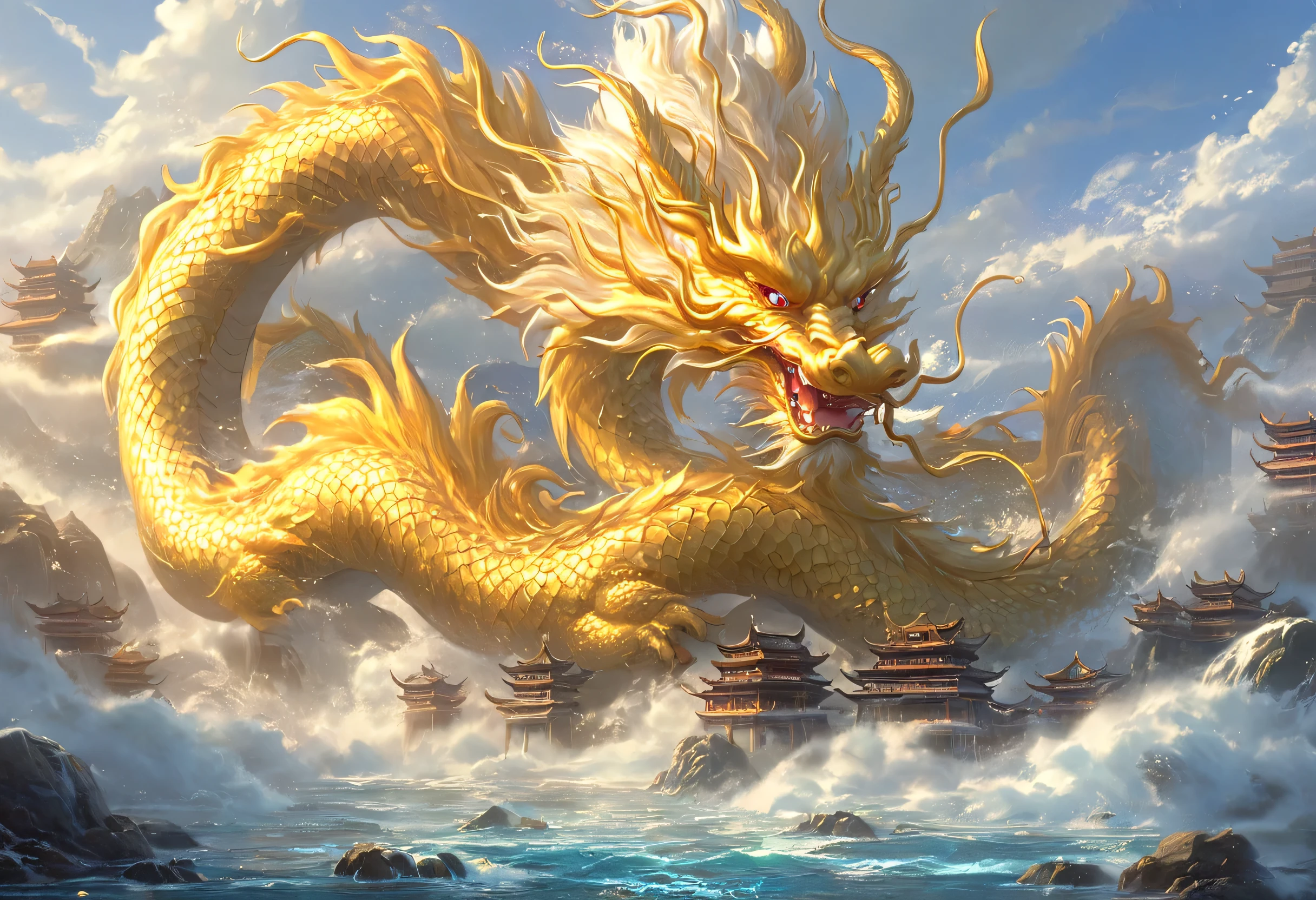 In the fantasy world, Golden Dragon，{First}，Rich details,Ocean,null,Mountain,thunder，traditional chinese architecture,