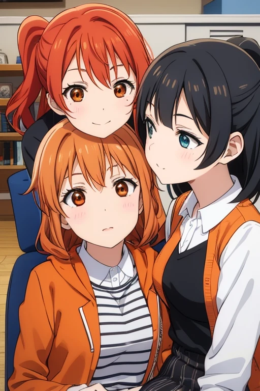 4 four girls, all in brown checkered uniforms, orange hair, Maria xiquinha with red hair, one brown and the other with black hair
