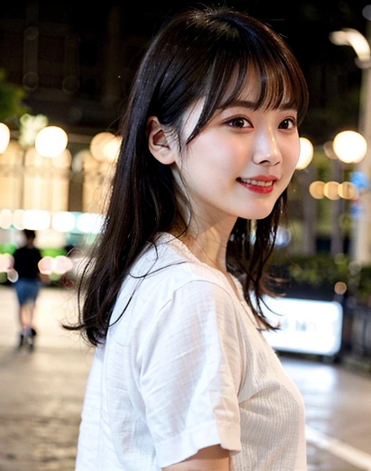highest quality, Realistic, 8k, High resolution, girl, 1 female, (Skin dents), (Professional Lighting, Bokeh), (street), (people々, crowd: 0.6), Back view, city, Black Hair, Black T-shirt, (Portraiture: 0.6), nice, bloom, (Floating Hair), (Particles of light, Lens flare, Luminous Particles: 0.6), Soft lighting,