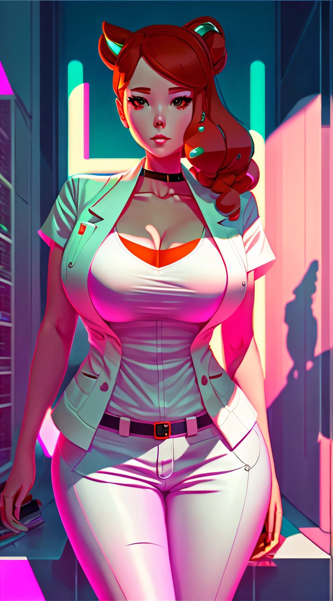 Sonia from pokemon, 1girl:1.5, long legs, sexy body, milf, (navel), (huge cleavage), tight jeans, lab coat, masterpiece,(white sci-fi labratory:1.5), masterpiece, high quality，best qualtiy，cinematic lighting，masterpiece，）, (cleavage:1), (big breast), depth of field, front view, full body, (highheels), designed by Gucci::3, tumblr, inspired by Yanjun Cheng style, digital art, meme lofi internet girl, trend in dezeen, catalog photo, 3 d render beeple, rhads and lois van baarle, cartoon style illustration, bright pastel colors, a beautiful art illustration, --ar 2:3 --q 2