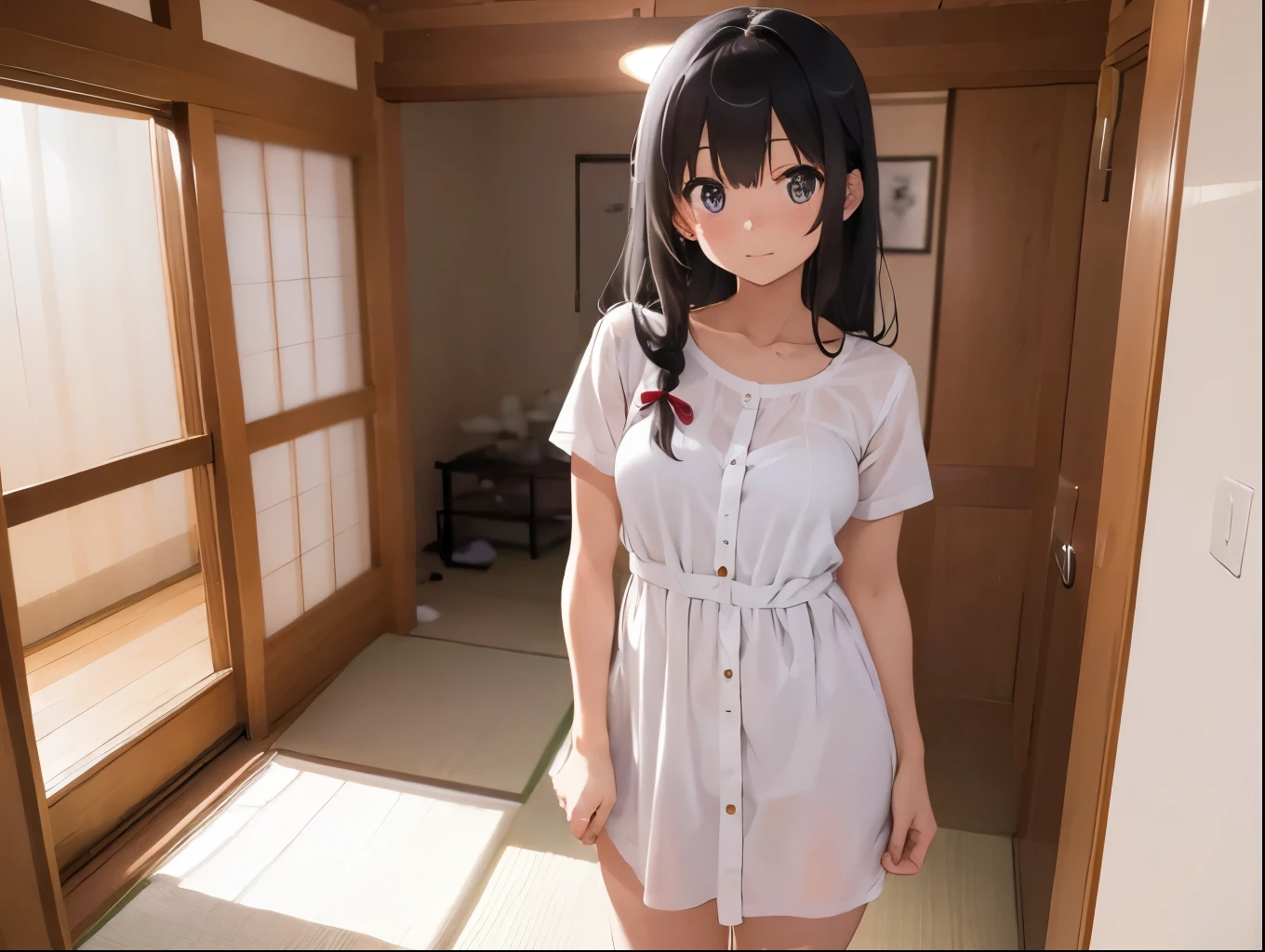 4 sisters、White shirt dress、おっぱいが密着したWhite shirt dress、Cute underwear that shows off a rolled up dress、Japanese-style room、White underwear with cute ribbon、Standing posture
