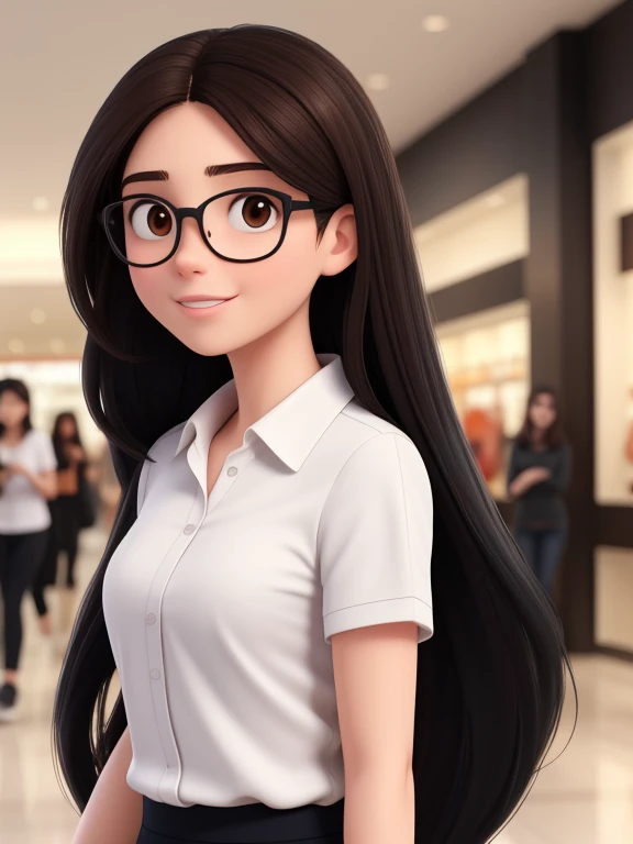 A 28-year-old woman, long black hair, Round Face, Smile, and black eyes, wear glasses.Wearing a white shirt，In the mall。