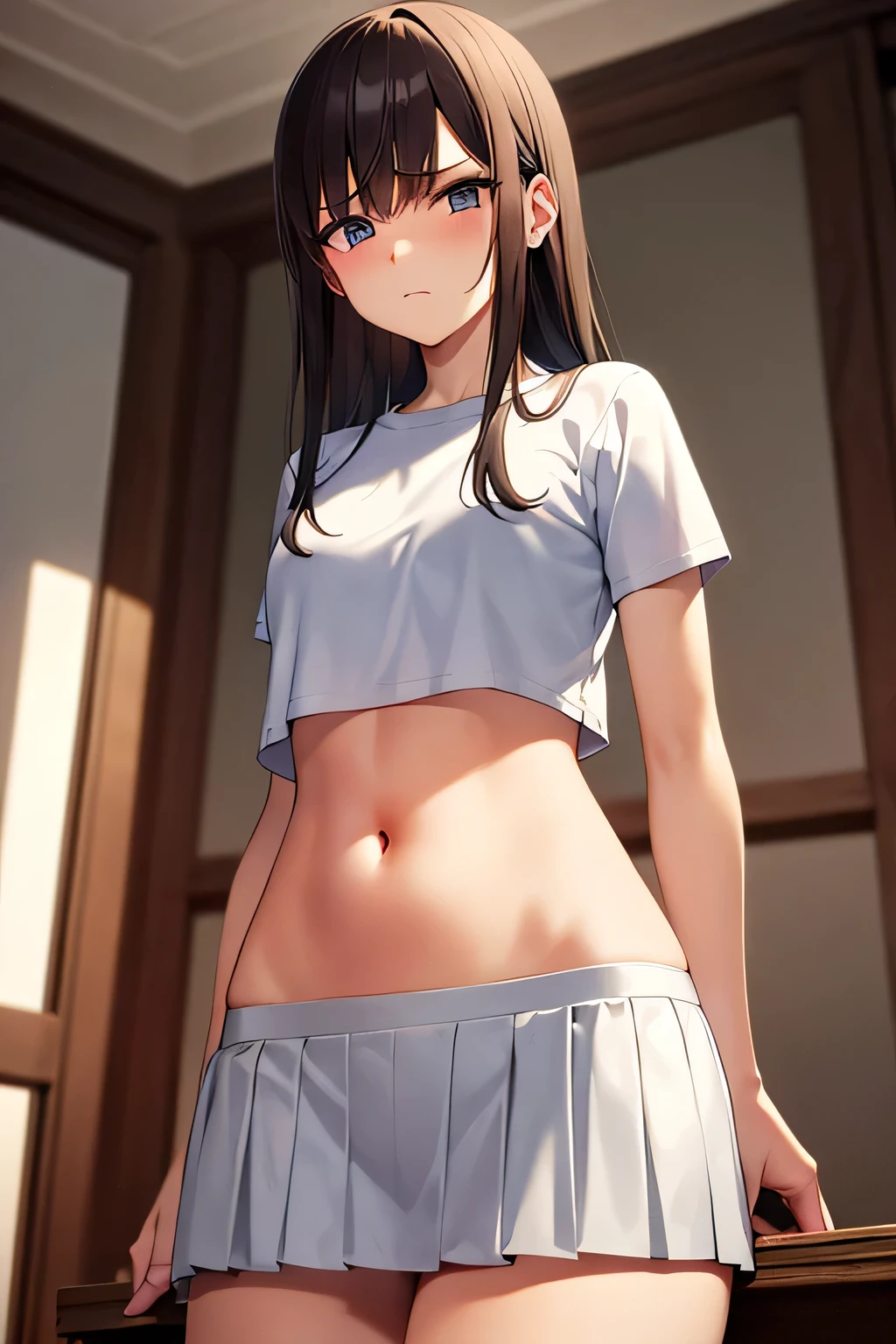 super fine illustration, vibrant colors, masterpiece, sharp focus, best quality, depth of field, cinematic lighting, ultra detailed, short sleeves, cropped t shirt, white skirt, navel, belly button, tummy, wide hips, 1 woman, solo, milf, very messy hair, long hair, slender, blush, annoyed, mature female, tall woman, looking down, v-shaped eyebrows, small breasts, black hair, lounge, earring, bangle