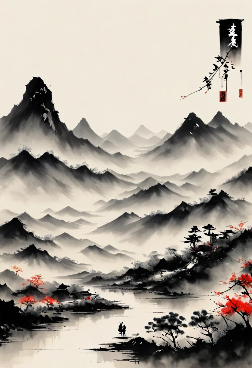 Leave a lot of white,white, White background, simple, Minimalism, abstract,Freehand,Aesthetic,Black and white,Ink Painting,antiquity,Mountain,People in the distance