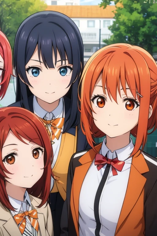 4 four girls, all in brown checkered uniforms, orange hair, Maria xiquinha with red hair, one brown and the other with black hair