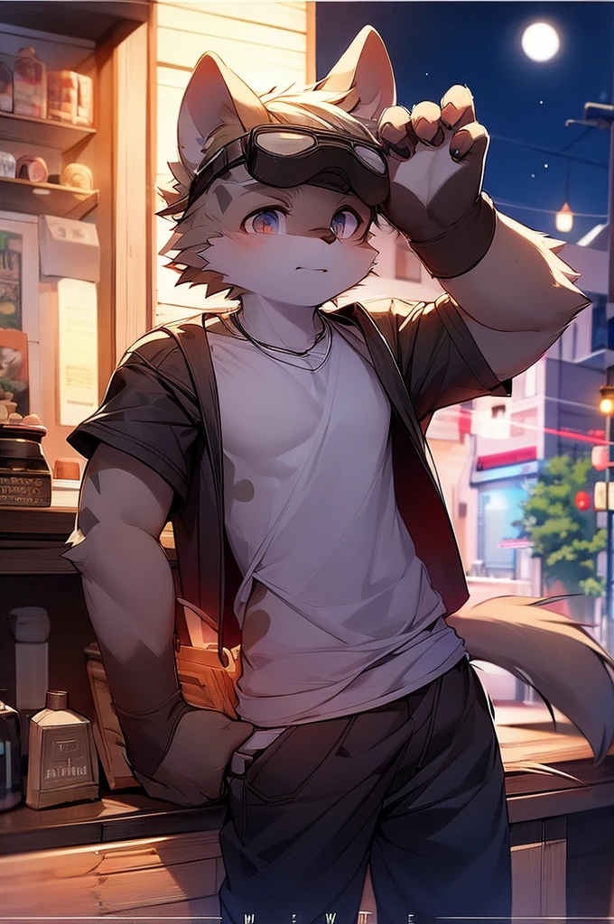 Hyena Boy,Gray fur,Topless, mammal, hairy,Gray Eyes,bar,goggles,moon tattoo,Cover your crotch with your hands,Bartender,Star decoration,Transparent swimming trunks quality