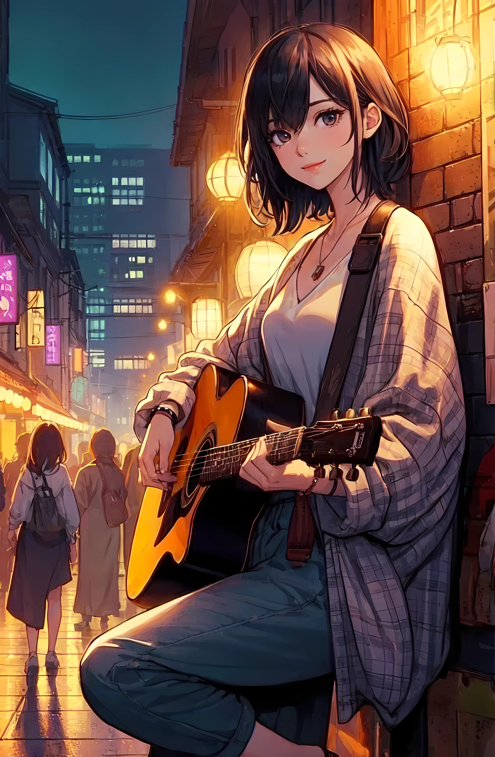 1lady solo, standing comfortably, (playing the guitar:1.1), (oversized clothing) stylish outfit, mature female, /(dark brown hair/) bangs, light smile, (masterpiece best quality:1.2) delicate illustration ultra-detailed, medium breasts BREAK (vibrant city street) outdoors, night, glow of streetlights, crowded, detailed background