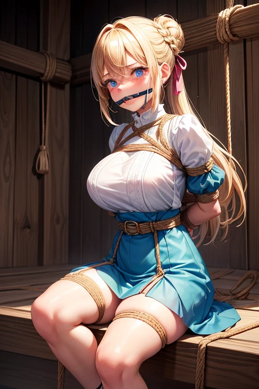 piperBS, 1girl, blonde hair, hair bun, blue dress, puffy sleeves, short sleeves, pink gloves, fingerless gloves, pink belt, shoes, blue footwear, ((((gagged)))), cute and blushing 18 years old anime girl, look away because she is embarrassed and blushes, bright blue eyes, detailed face, detailed members, detailed arms, detailed hands, Girl lying, tied by ropes, shackled, can no longer move, tied tightly, very hard tied up with lots of ropes, hampered by so many ropes that she can no longer move, bound hands and feet, ropes tie his whole body, tied extremely tightly and forcefully to her bed by a lot of ropes, its limbs are strongly tied together by ropes, his torso is tied up with thick cords, her chest is so tied up with ropes that it sticks out, her legs are tied tightly with thick ropes, his hands are tied behind his back with ropes, she can no longer move her feet, her hands which are tied by thick ropes, she desperately tries to free herself, likes to be tied tight with big ropes, likes to be immobilized by big ropes, lying down, his hands and feet are strongly tied to the railing of his bed, his legs are pressed together and tied with ropes, its limbs are held vigorously by imposing ropes, her hands are tied securely behind her back by ropes, her chest is compressed by strong ropes, she is pressed against her bed and restrained by large ropes, (shibari, arms behind the back:1.4), (hands on the back), (masterpiece, best quality) 1.5, 1girl, solo, (sexy, beautiful woman, perfect face, perfect eyes, perfect hands), samus aran, (hands on the back), Spread the legs, s&#39; ((lie in bed by big ropes)), ((close up of the girl)), ((((lie in bed)))), ((((arms tied behind the back, Legs Tied,La fille est allongée sur le ventre, La fille est allongée sur le sol:1.5)))), ((((girl seen from behind:1.4)))), ((((girl lying down on her stomach:1.4)))), ((((Outstretched arms:1.5)))), ((((Detailed hands:1.5)))), ((((bedroom decor:1.4)))), ((((realistic decor:1.4))))