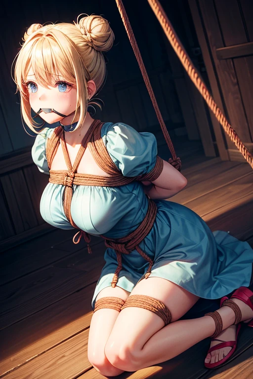 piperBS, 1girl, blonde hair, hair bun, blue dress, puffy sleeves, short sleeves, pink gloves, fingerless gloves, pink belt, shoes, blue footwear, ((((gagged)))), cute and blushing 18 years old anime girl, look away because she is embarrassed and blushes, bright blue eyes, detailed face, detailed members, detailed arms, detailed hands, Girl lying, tied by ropes, shackled, can no longer move, tied tightly, very hard tied up with lots of ropes, hampered by so many ropes that she can no longer move, bound hands and feet, ropes tie his whole body, tied extremely tightly and forcefully to her bed by a lot of ropes, its limbs are strongly tied together by ropes, his torso is tied up with thick cords, her chest is so tied up with ropes that it sticks out, her legs are tied tightly with thick ropes, his hands are tied behind his back with ropes, she can no longer move her feet, her hands which are tied by thick ropes, she desperately tries to free herself, likes to be tied tight with big ropes, likes to be immobilized by big ropes, lying down, his hands and feet are strongly tied to the railing of his bed, his legs are pressed together and tied with ropes, its limbs are held vigorously by imposing ropes, her hands are tied securely behind her back by ropes, her chest is compressed by strong ropes, she is pressed against her bed and restrained by large ropes, (shibari, arms behind the back:1.4), (hands on the back), (masterpiece, best quality) 1.5, 1girl, solo, (sexy, beautiful woman, perfect face, perfect eyes, perfect hands), samus aran, (hands on the back), Spread the legs, s&#39; ((lie in bed by big ropes)), ((close up of the girl)), ((((lie in bed)))), ((((arms tied behind the back, Legs Tied,La fille est allongée sur le ventre, La fille est allongée sur le sol:1.5)))), ((((girl seen from behind:1.4)))), ((((girl lying down on her stomach:1.4)))), ((((Outstretched arms:1.5)))), ((((Detailed hands:1.5)))), ((((bedroom decor:1.4)))), ((((realistic decor:1.4))))