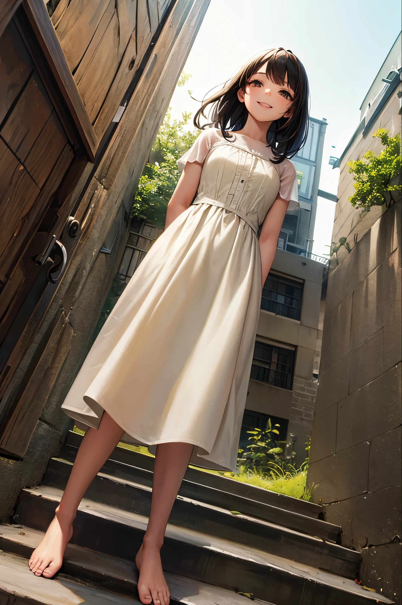 ((masterpiece)),(((highest quality))),((Super detailed)),One girl, alone, barefoot, Are standing, building, smile, Floating Hair, Dutch Angle, Mouth closed, avert your eyes, Outdoor