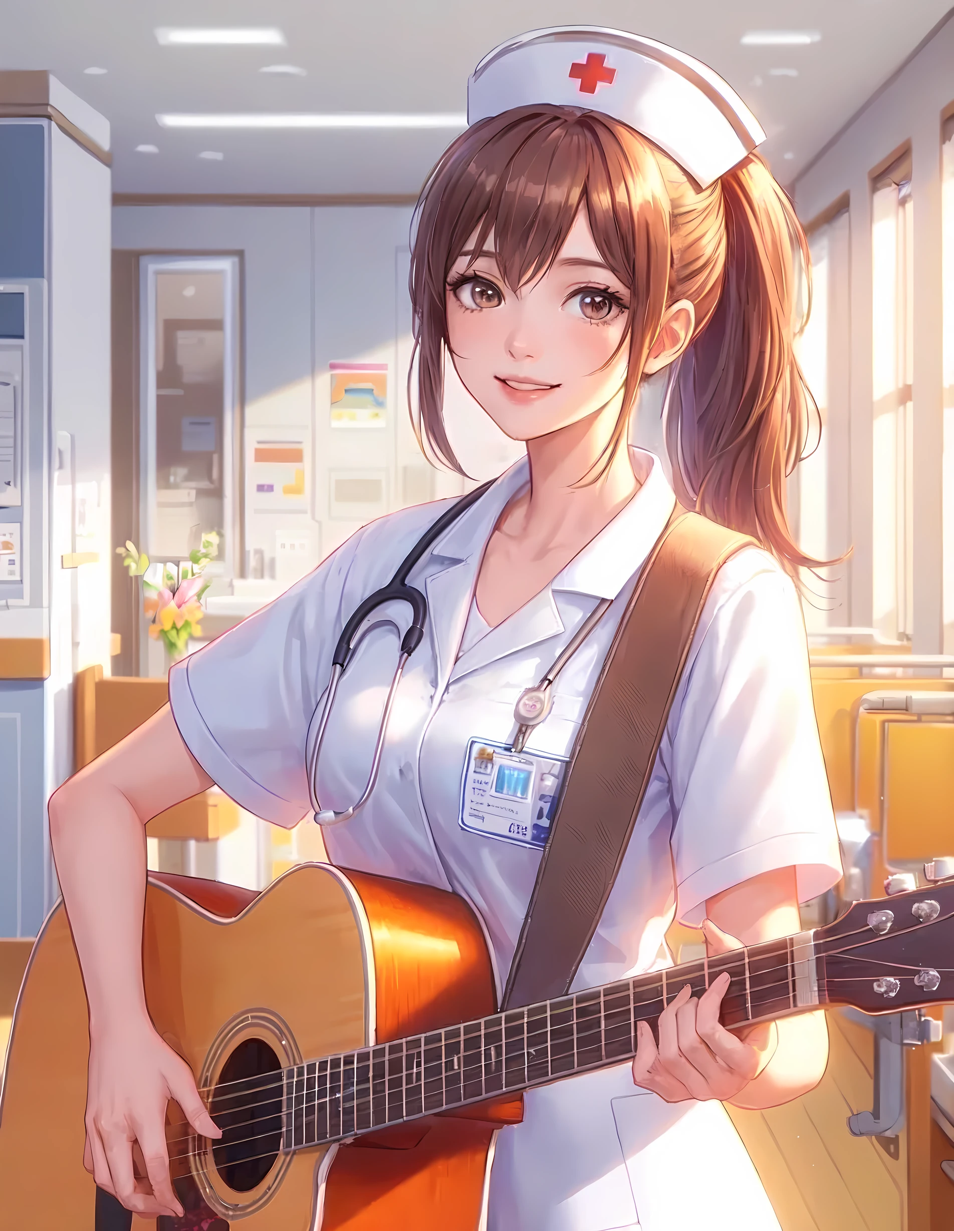 1lady solo, standing, (playing the guitar:1.1), nurse, (nurse uniform) cap, mature female, /(light reddish-brown hair/) bangs, ponytail, kind smile, (teeth:0.8), (masterpiece best quality:1.2) delicate illustration ultra-detailed, large breasts BREAK (hospital room) indoors, soft lighting, sunlit, windows, detailed background