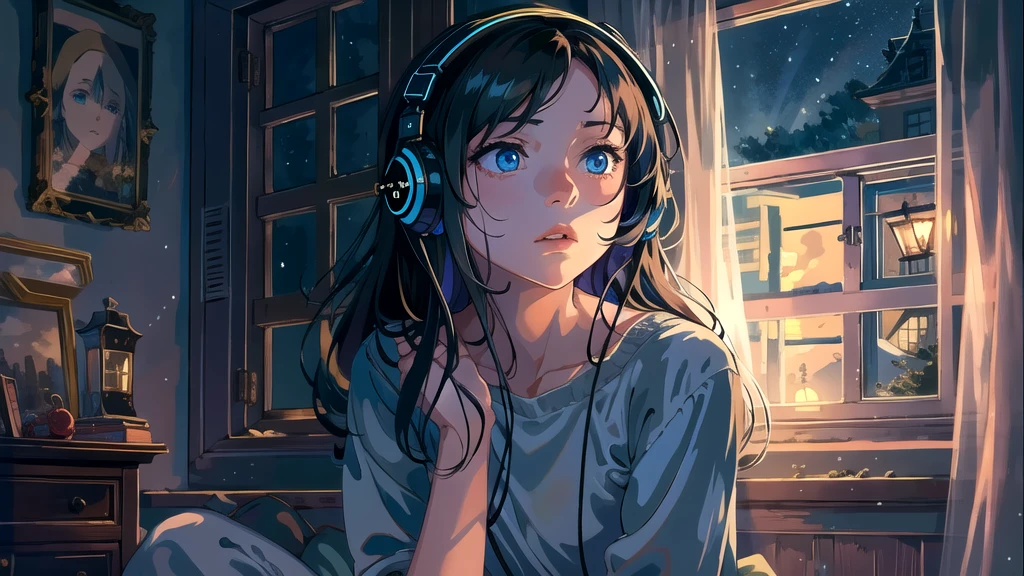 Create an illustration of a girl with dark hair and blue eyes, sitting sideways in front of the window of her room, She is wearing headphones and has a sentimental and introspective expression, Moonlight softly shines into the room, gently illuminating the space, Curtains sway in the breeze, enhancing the serene, melancholic atmosphere, Emphasizing the themes of solitude, silence, and the depths of night, the room is dark but slightly illuminated by moonlight