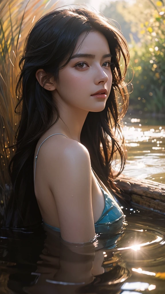 close up portrait of a cute woman (gldot) bathing in a river, reeds, (backlighting), realistic, masterpiece, highest quality, lens flare, shade, bloom, [[chromatic aberration]], by Jeremy Lipking, by Antonio J. Manzanedo, digital painting,